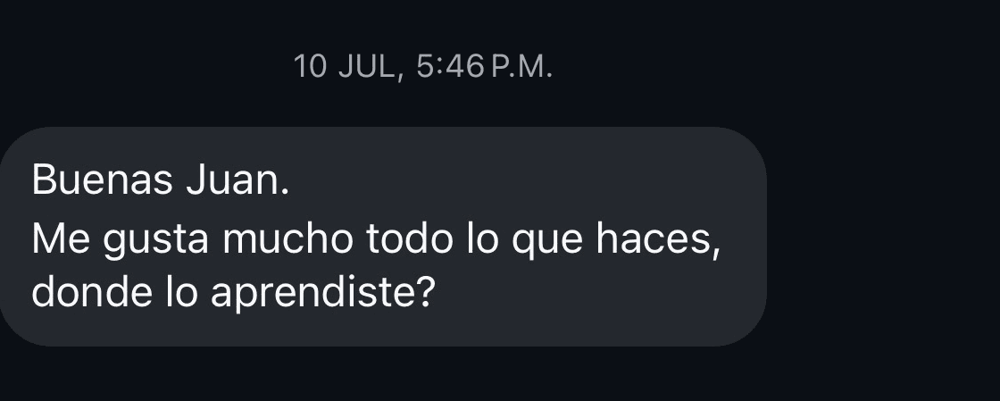 Mensaje: “Me gusta mucho todo lo que hacés, ¿dónde lo aprendiste?”