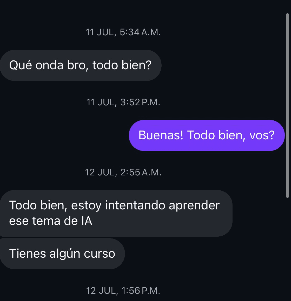 Mensaje: “Estoy intentando aprender ese tema de IA, ¿tenés algún curso?”