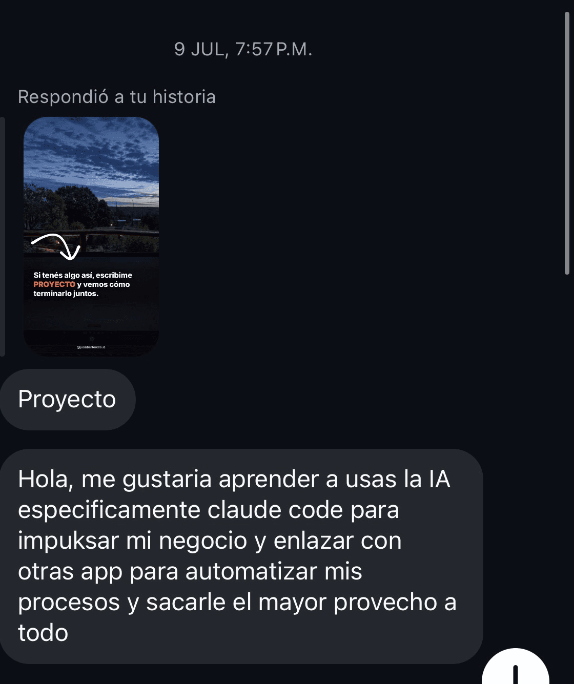 Mensaje: “Quiero aprender a usar Claude Code para impulsar mi negocio y automatizar mis procesos”